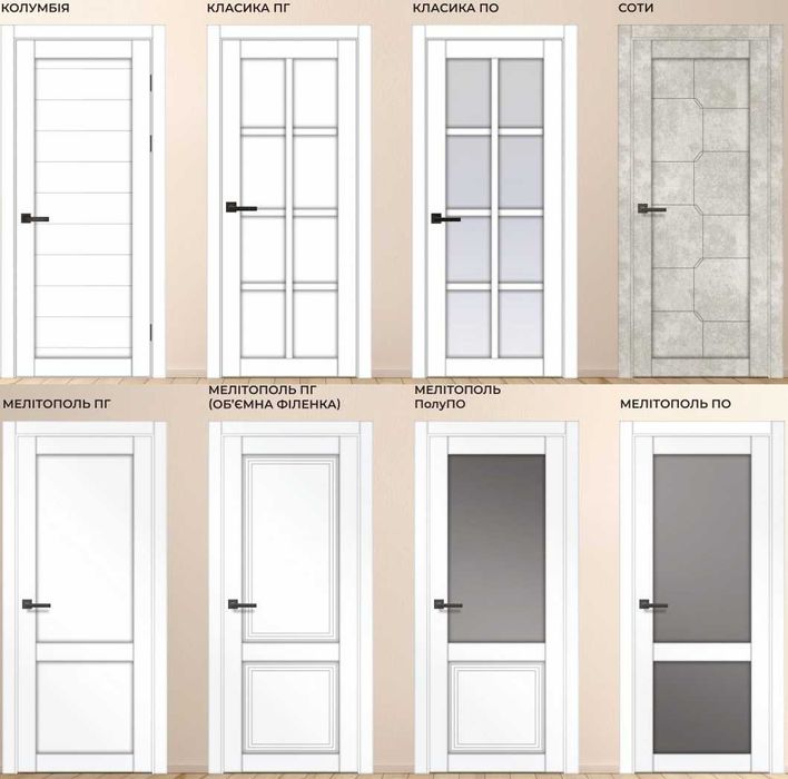 Межкомнатные двери (міжкімнатні двері). МДФ, деревянные, ПВХ.