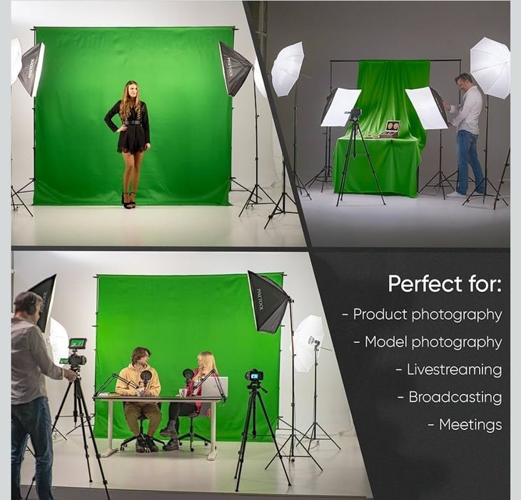 Tło forograficzne Greenscreen (3 x 3 m) z Stojakiem (2,6 x 3 m) - Zielony ekran - Zestaw do Studia - Zielone Tło FV23% W108
