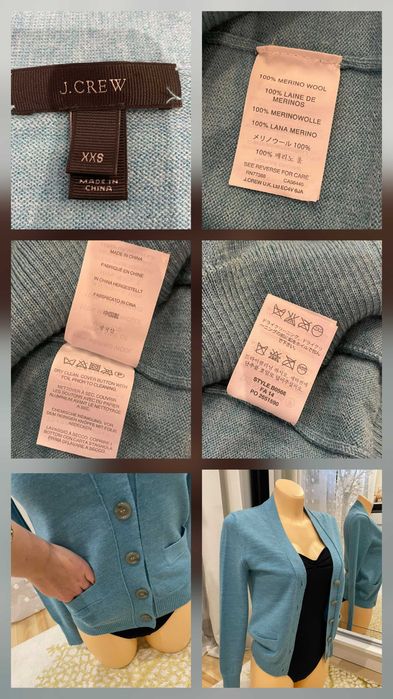 Krótki damski kardigan rozpinany sweter J.Crew wełna Merino r.XXS