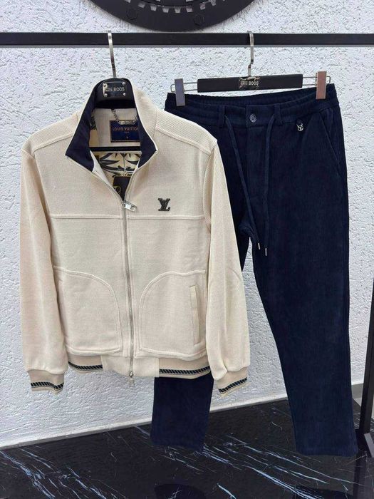 Чоловічий велюровий костюм Louis Vuitton / Луї Віттон, кофта на блискавці та штани, бежево-синій, демісезонний, Туреччина