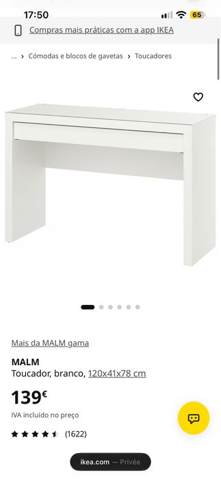 Toucador / Secretária IKEA MALM Branco com Vidro – 120 cm