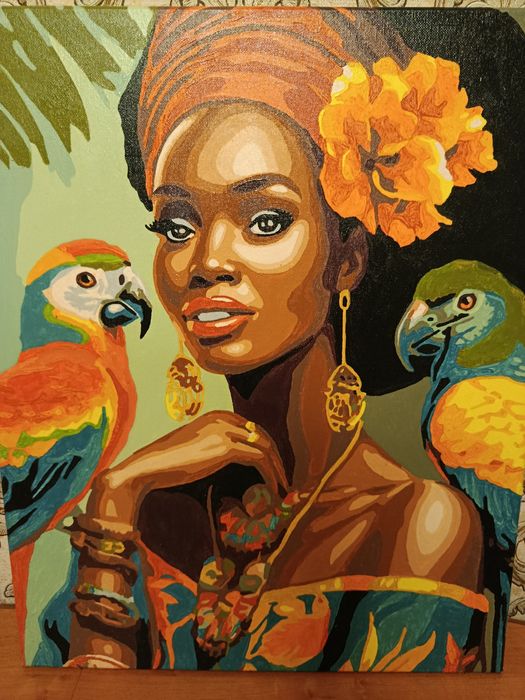 Картина по номерах - Орхідея , дівчина  ,кіт  , птахи .