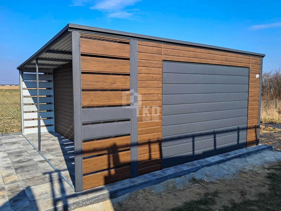 Garaż blaszany 4,5x6m + wiata 1m Brama drzwi okno rynny dach  TKD261