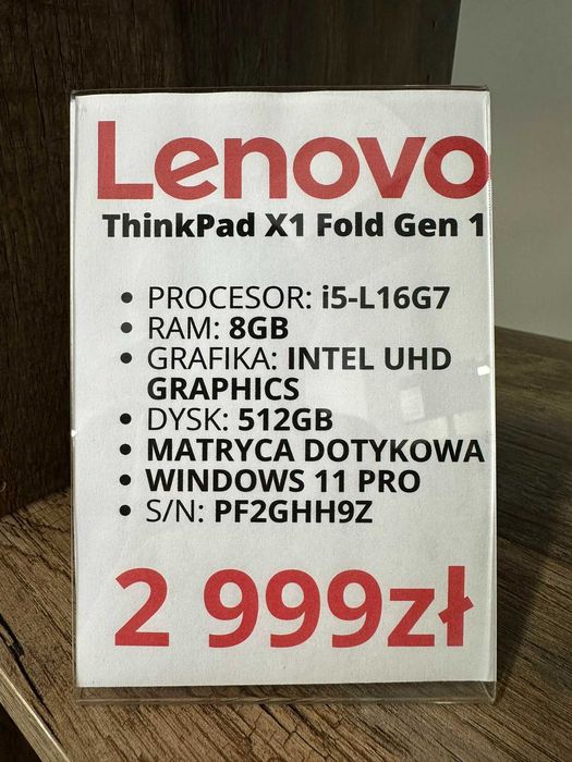 Lenovo ThinkPad X1 Fold Gen 1 i5-L16G7/8GB/512GB/DOTYK/WIN 11 PRO stan bdb gwarancja