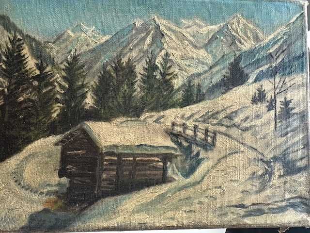 Stary obraz olejny pejzaż zimowy płótno 28 cm X 18 cm