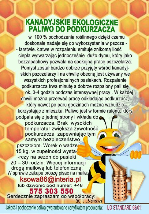 Ekologiczne paliwo do podkurzacza  Pszczoły odkłady matki