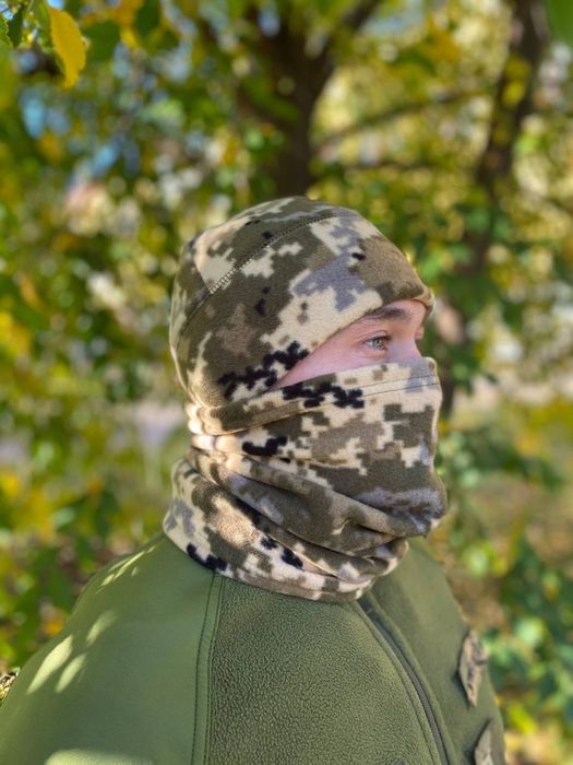 Флісова шапка мультикам, піксель, чорна, олива/хакі