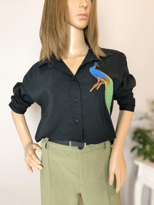 Czarna długa koszula 36 38 haft Puff oversize elegancka świąteczna