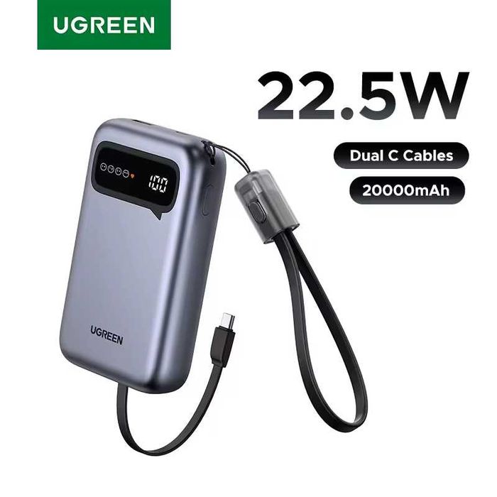 PowerBank UGREEN 20000мАч, двойной кабель, быстрая зарядка, 22,5 Вт