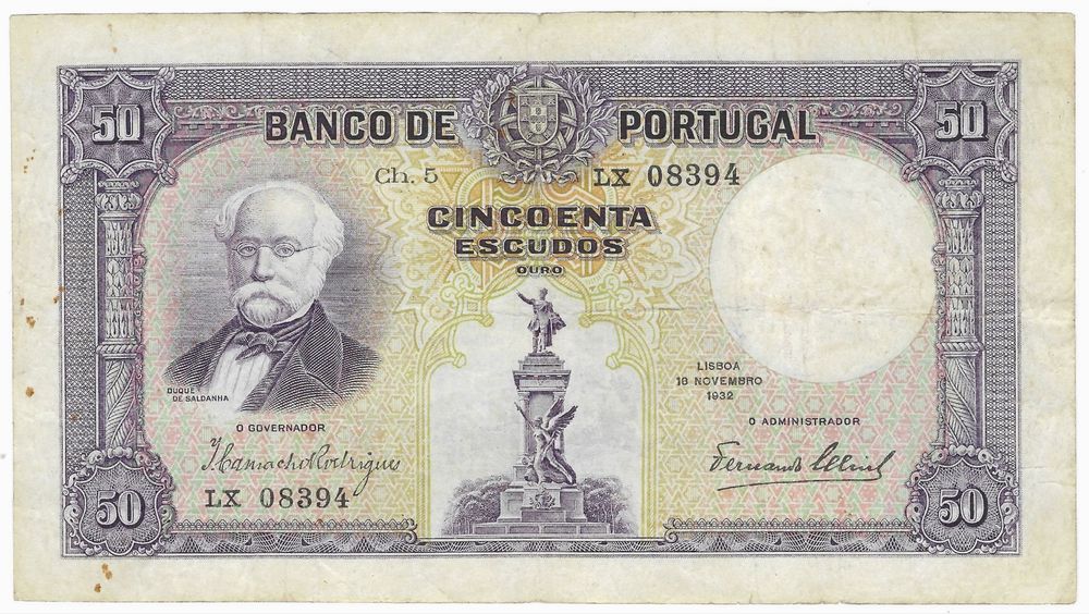 Nota Rara Portugal 50 escudos 1932 Duque de Saldanha