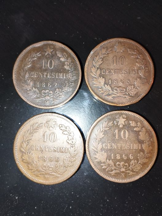 Moedas de 10 Centesimi 1862, 1863, 1866, 1893 e 1894 Itália em Cobre