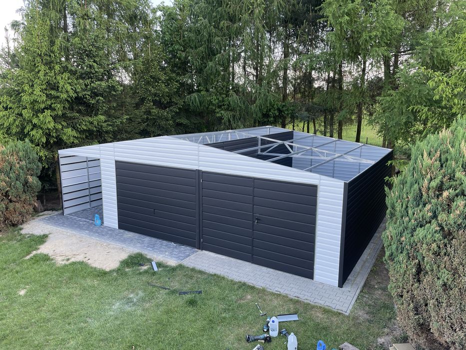 Garaz blaszany 7x6 plus wiata 2x6, KONSTRUKSCJA OCYNKOWANA.