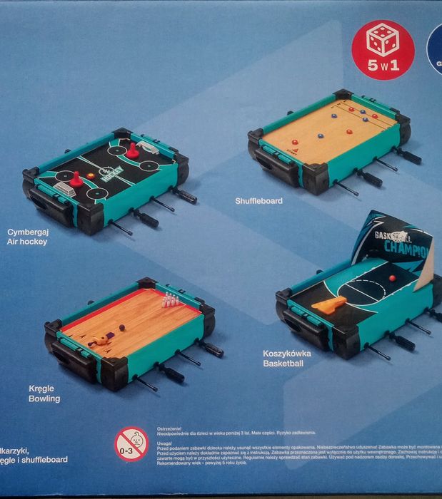zestaw gier stołowych 5 w 1, piłkarzyki, cymbergaj, kręgle, koszykòwka