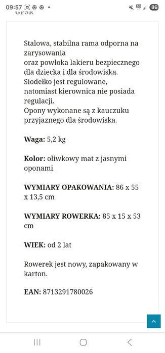 Rower biegowy little dutch oliwka