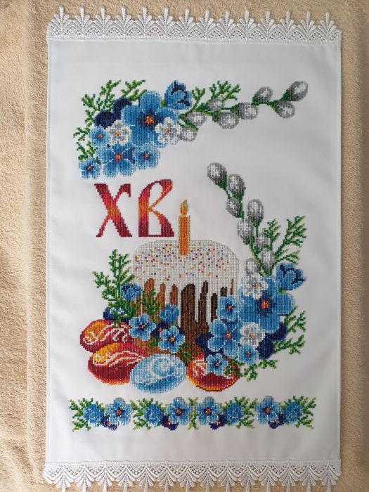Рушник великодній вишитий бісером та рубкою