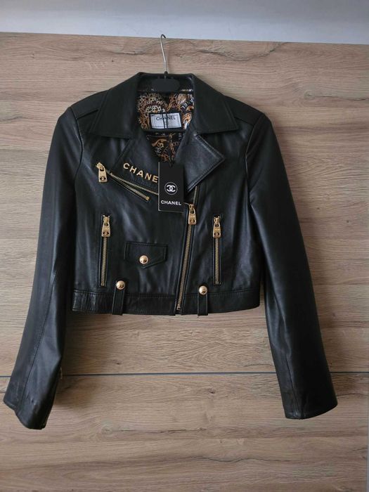 Kurtka ramoneska  CC ze skóry naturalnej w kolorze czarnym logowana