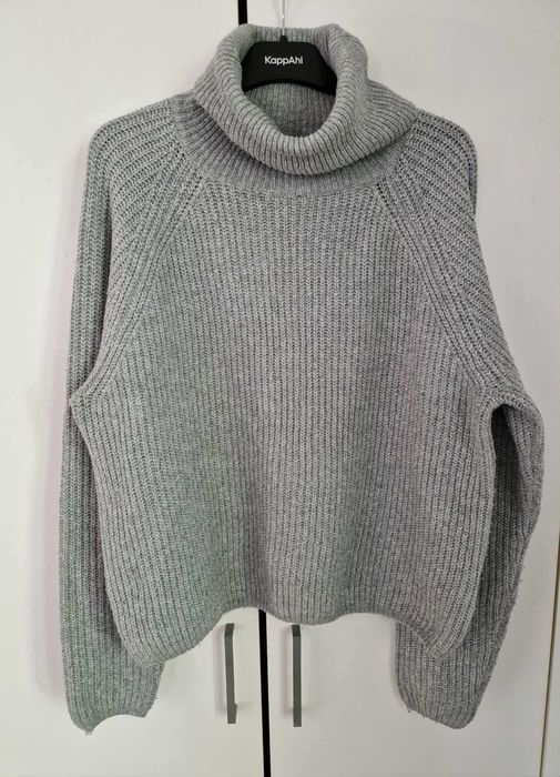 Szary damski sweter z golfem pudełkowy gruby L/XL