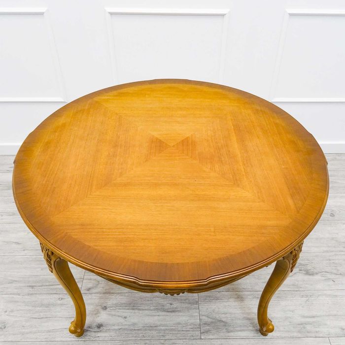 Drewniana ŁAWA francuska LUDWIK okrągła Ława BLAT DEKOR orzech lata 60