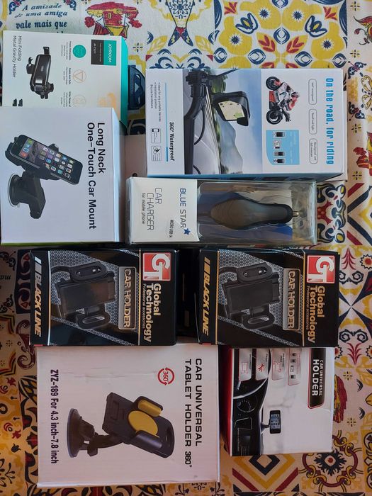 Suportes Telemóvel Mota, Bicicleta e Carro 360° Impermeável, Ventosa, Grelha e Carregador Isqueiro NOVOS — Joyroom, Blue Star, Global Tech