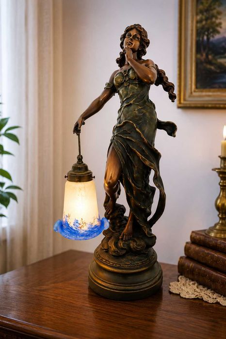 Candeeiro Escultural Art Nouveau 65 cm com Tulipa Assinada Art de France