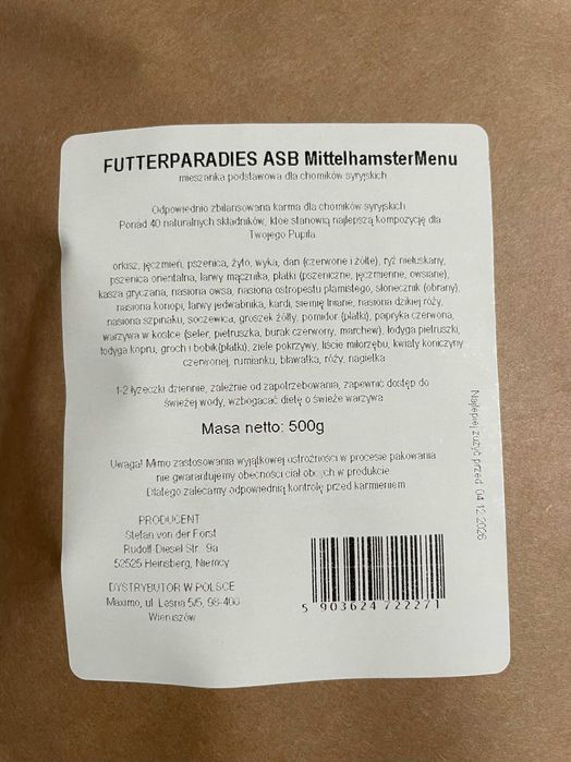Karma dla chomika FutterParadies ASB Mittelhamstermenü 500g