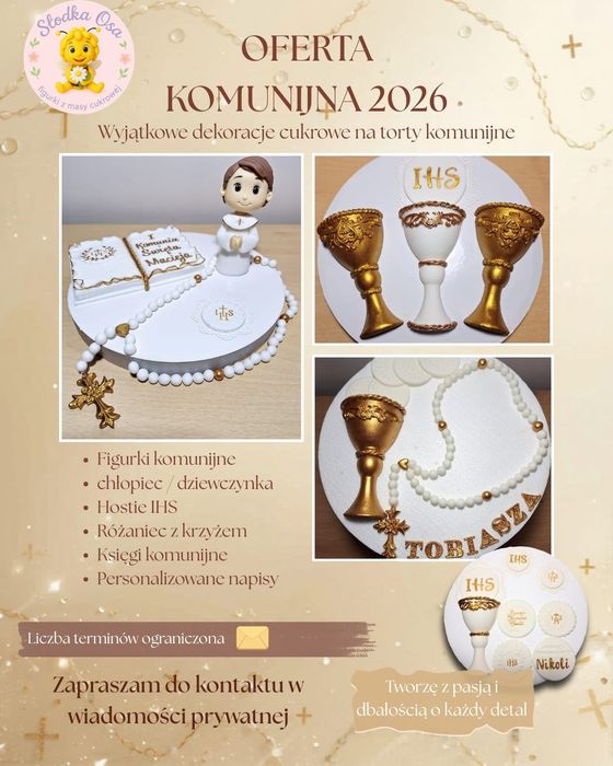 Komunia ,ozdoby z masy cukrowej na tort