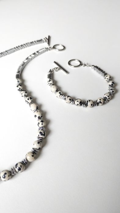 Komplet biżuterii jaspis dalmatyński stal chirurgiczna hematyt