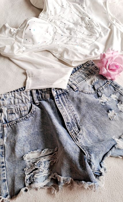 Spodenki  jeansowe, body tiul, cekiny, zestaw 38 M