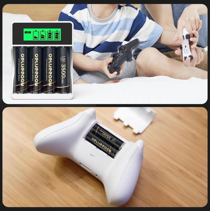 Akumulatory litowe Delyeepow AA 3500 mWh, zestaw 4 sztuk ładowarka LCD