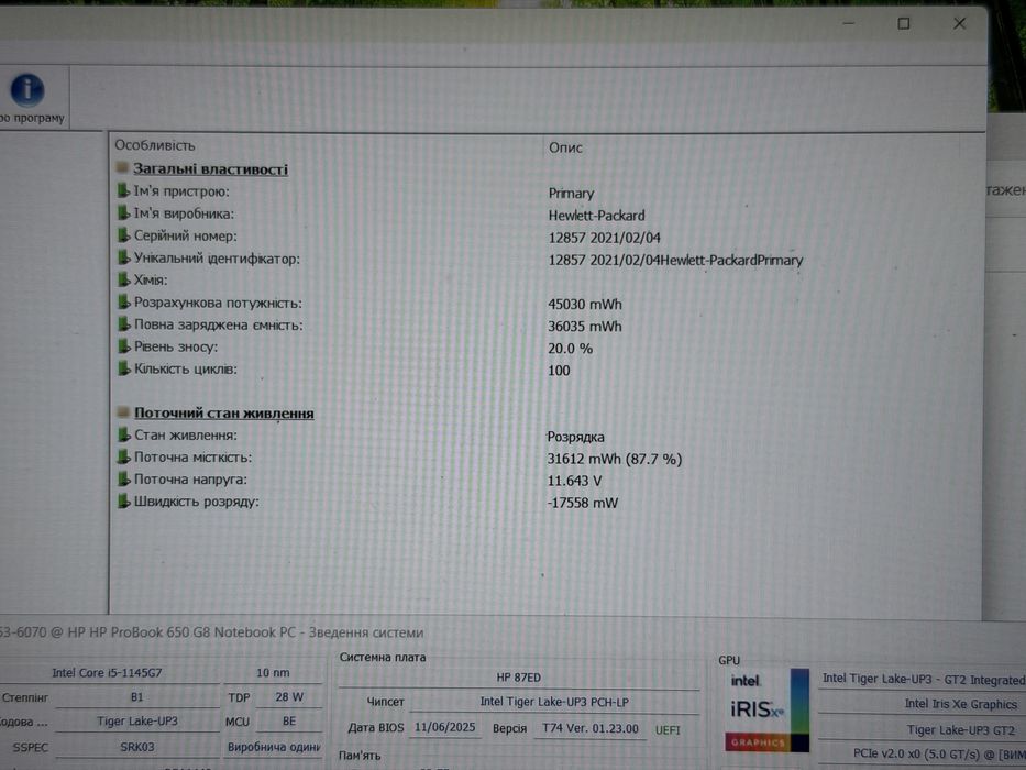 Гарантія! Ноутбук HP Probook 650 G8 15ʼ i5-1145G7/32G/256SSD 88% АКБ