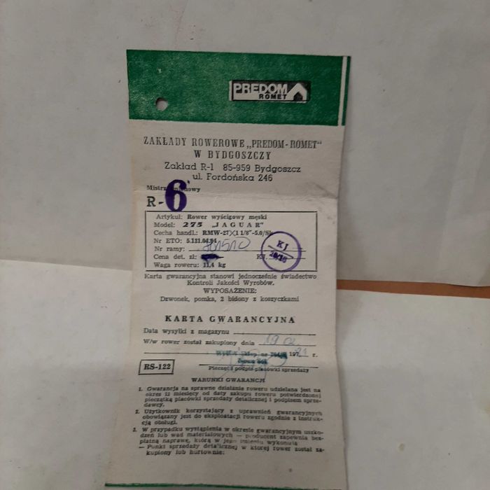 Jaguar 275 karta gwarancyjna 1981r.