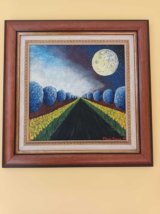 Hortênsias e Tulipas ao Luar: (Óleo sobre platex, 37,2x37,3 cm)