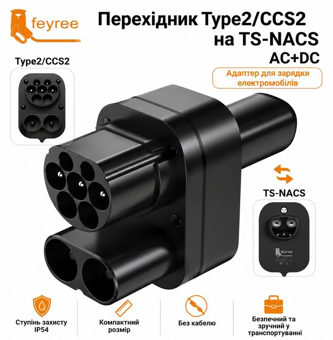 Перехідник Type 2 / CCS2 → TS-NACS (AC + DC) | Адаптер для Tesla USA