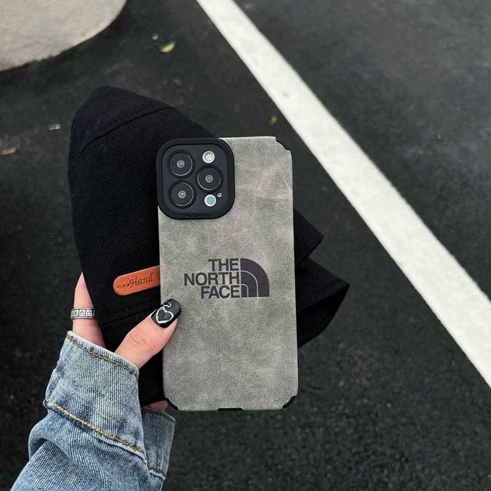 Силиконовый серый чехол эко-замш джинс с лого The North Face iPhone