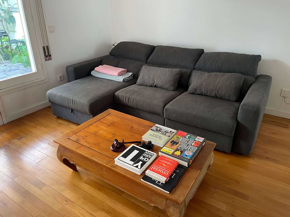 Sofá Cama Cinzento com Chaise Lounge