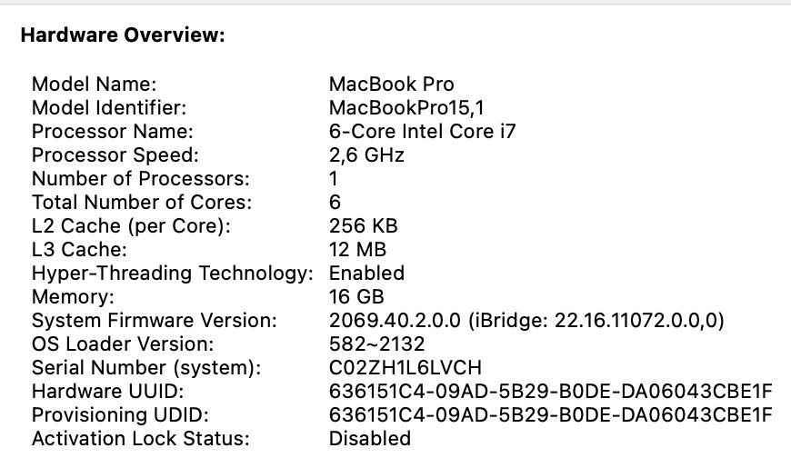 MacBook Pro 15” (2019) i7 / 16GB / 250GB SSD