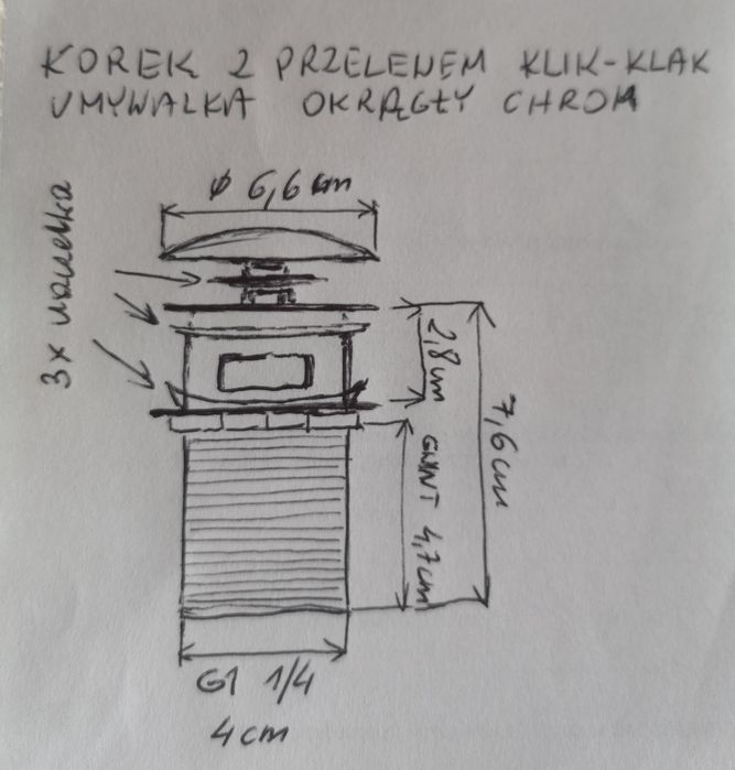 Korek z przelewem klik klak chrom umywalka