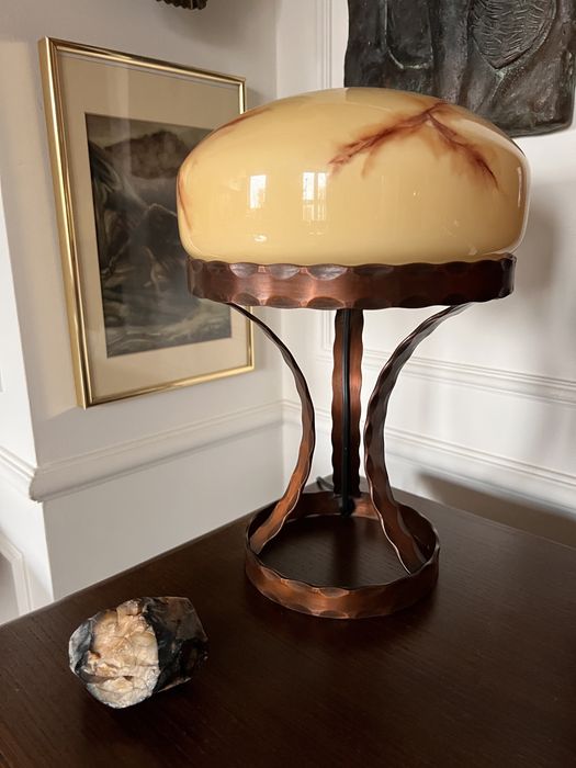 Lampa Strindberg vintage stara klosz marmurkowy lita miedź młotkowana miedziana metalowa szwedzka stara pierwsza połowa XX wieku