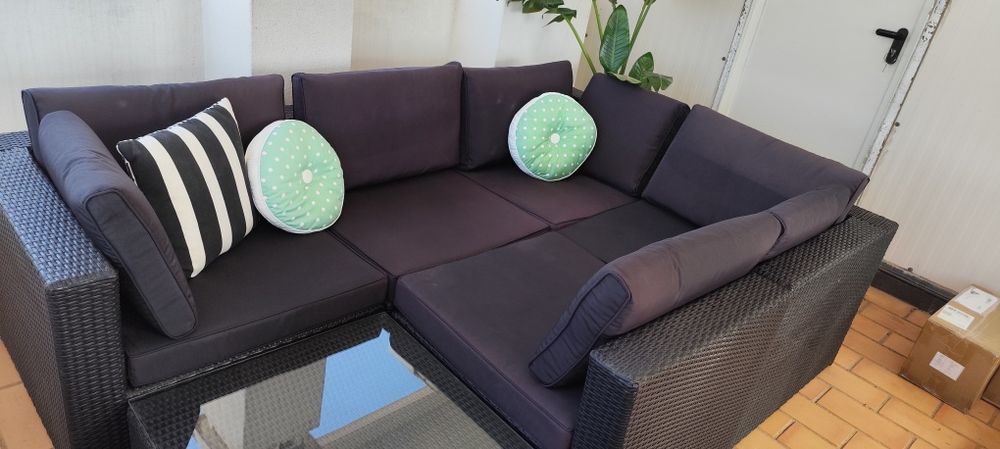 Sofá modular 6 peças em rattan sintético em preto