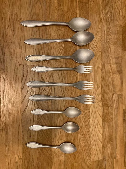 Sztućce aluminium PRL vintage łyżka widelec łyżeczka zestaw 9 szt