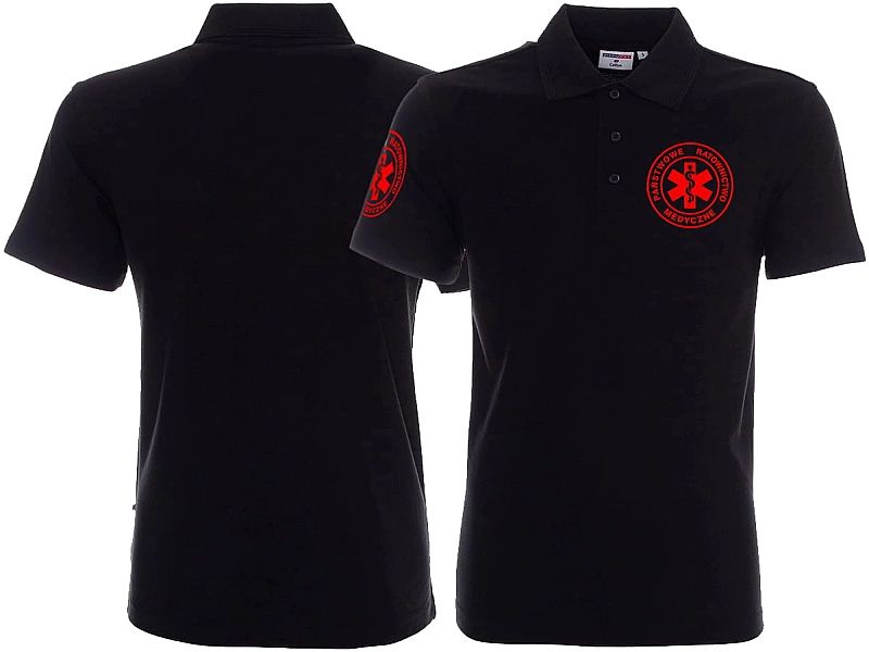 Koszulka Polo ratownicza czarna męska FUNKCYJNA - nadruk FLUO przód +