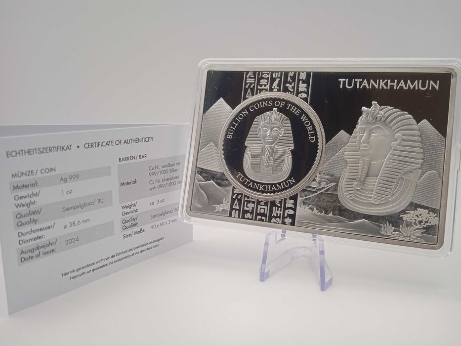 Монета Тутанхамон у посрібленому злитку 2024 Чад 1000 франків Ag 999