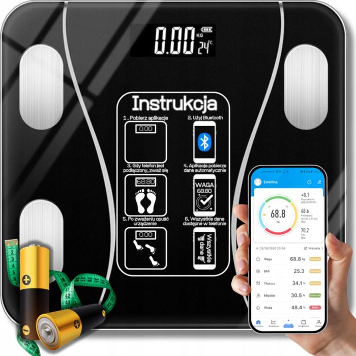 Waga łazienkowa analityczna Bluetooth 180 KG SMART 25w1 + Baterie