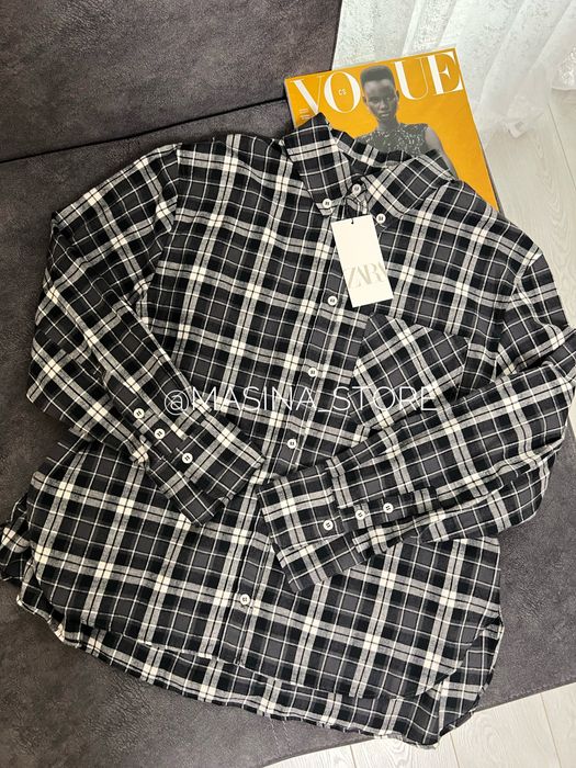 Сорочка Zara у клітинку фланелева картата чорна XS S