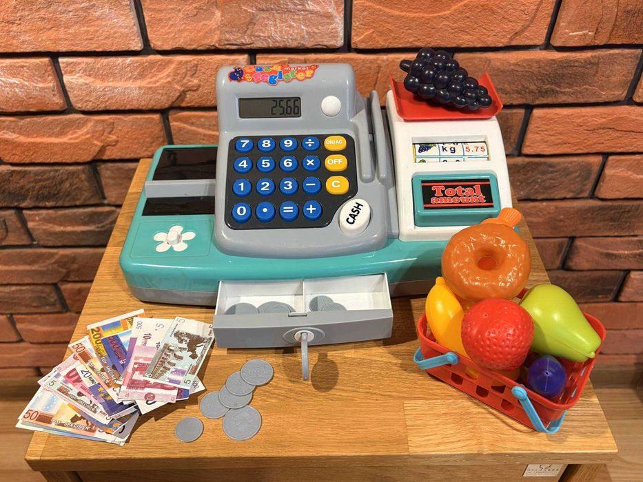Interaktywna kasa sklepowa dla dzieci + akcesoria, Sprawna, liczy