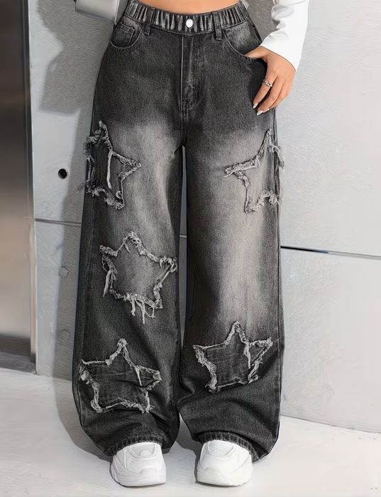 Сірі чорні широкі джинси бегі беггі в зірку на дівчинку серые джинсы