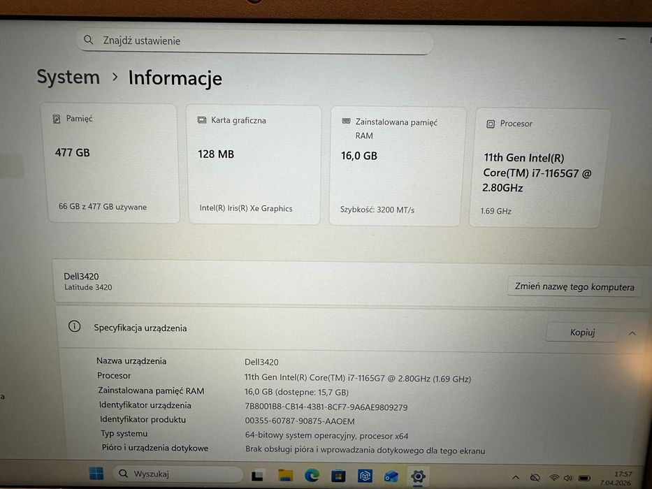 Laptop Dell Latitude 3420, i7-1165G7, 16 GB RAM, Dysk 500 GB SSD, Full HD, Win 11 Pro - Stan BDB