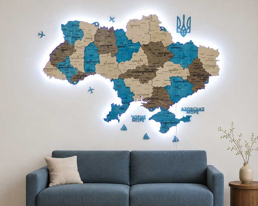 Дерев'яна карта України 3D з підсвіткою по контуру