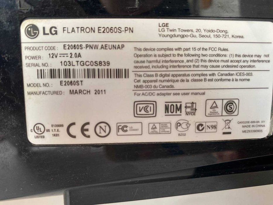 Монитор 20'' LG flatron e2060s-pn