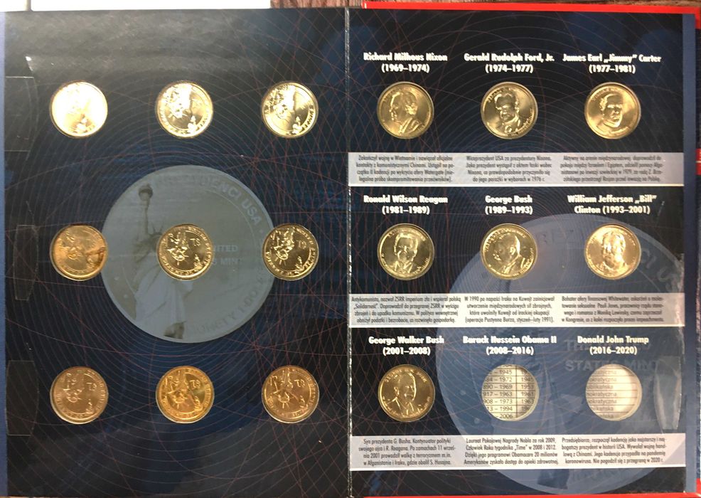 1 dolar 2007 - 2020 ; pełna kolekcja monet z serii "Prezydenci USA"